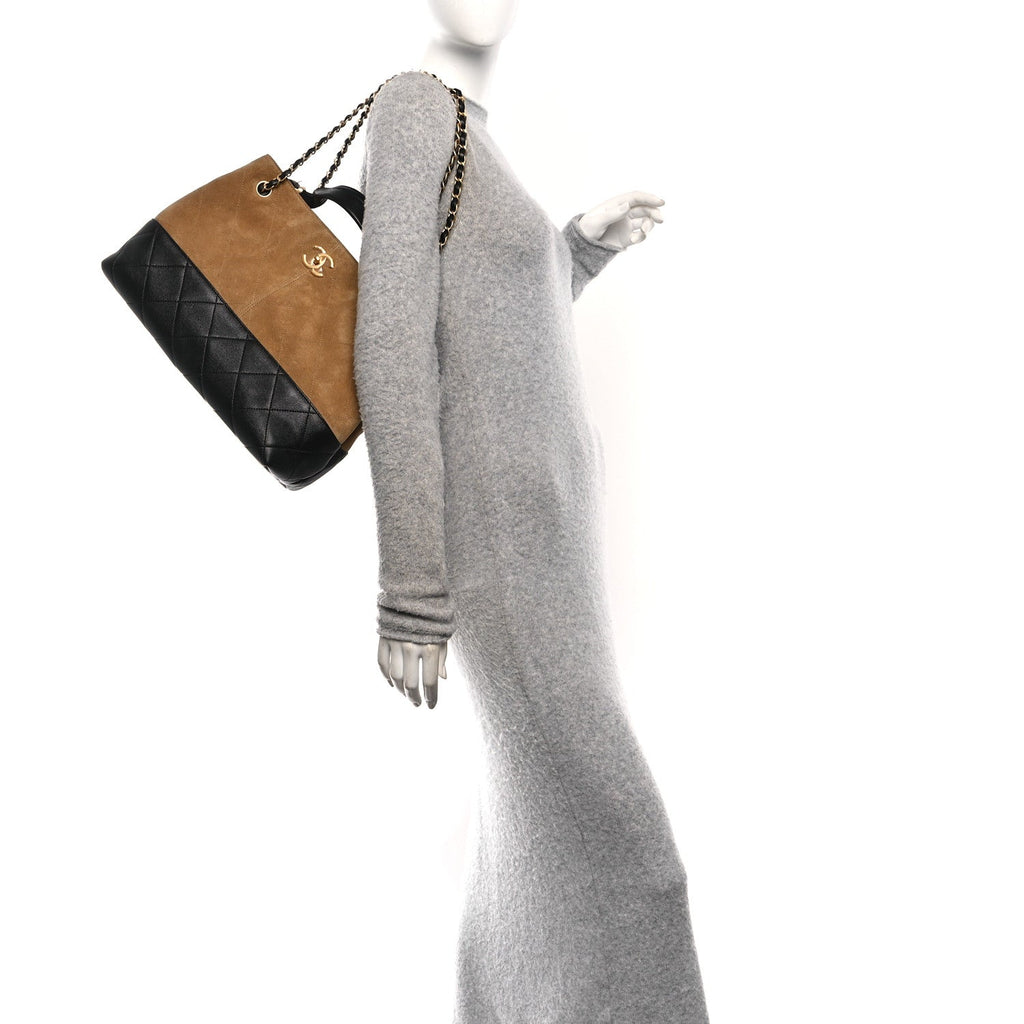 Suede Calfskin Shiny Lambskin Quilted Small Coco Base Shopping Bag Beige Black