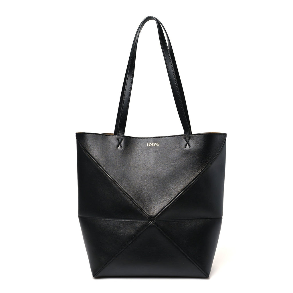 Shiny Calfskin Medium Puzzle Fold Tote Black