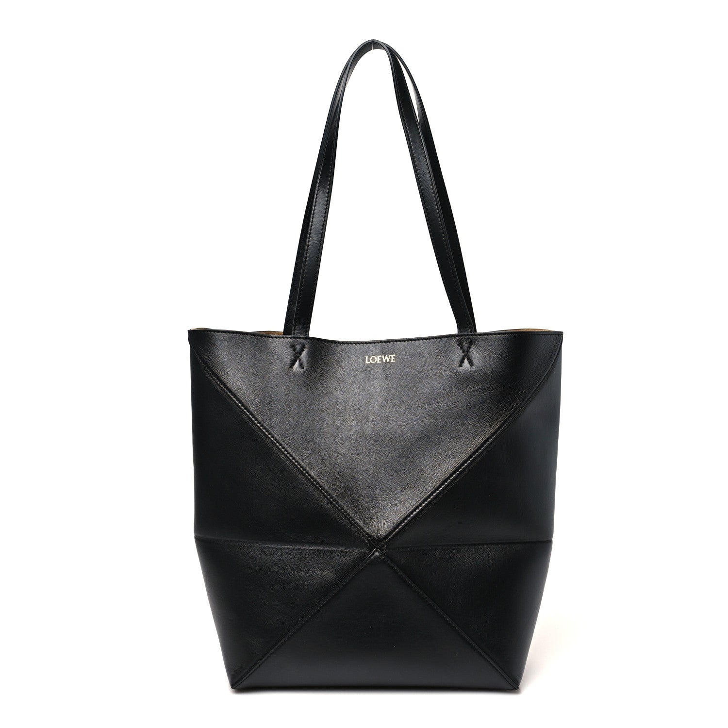 Shiny Calfskin Medium Puzzle Fold Tote Black