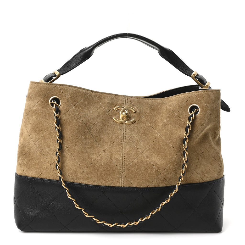 Suede Calfskin Shiny Lambskin Quilted Small Coco Base Shopping Bag Beige Black