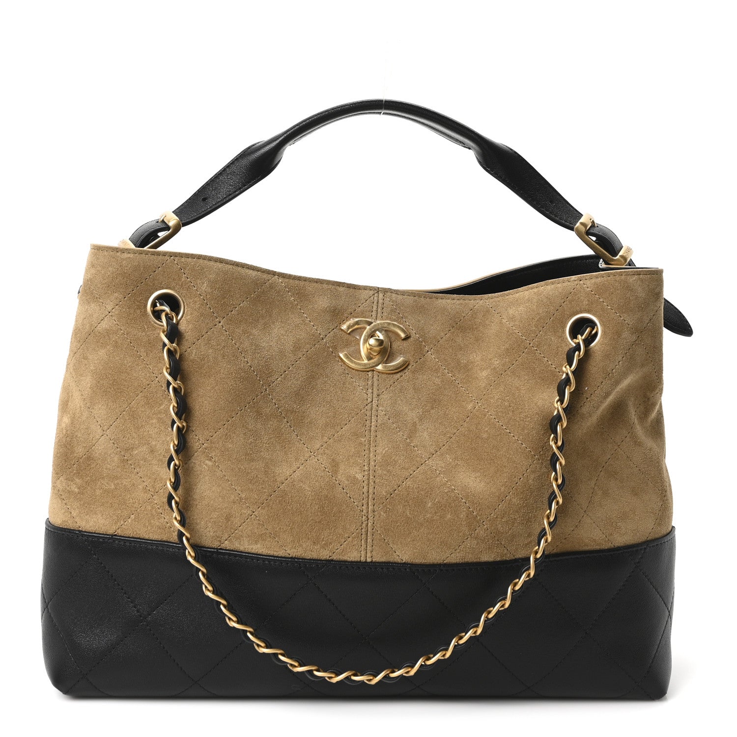Suede Calfskin Shiny Lambskin Quilted Small Coco Base Shopping Bag Beige Black