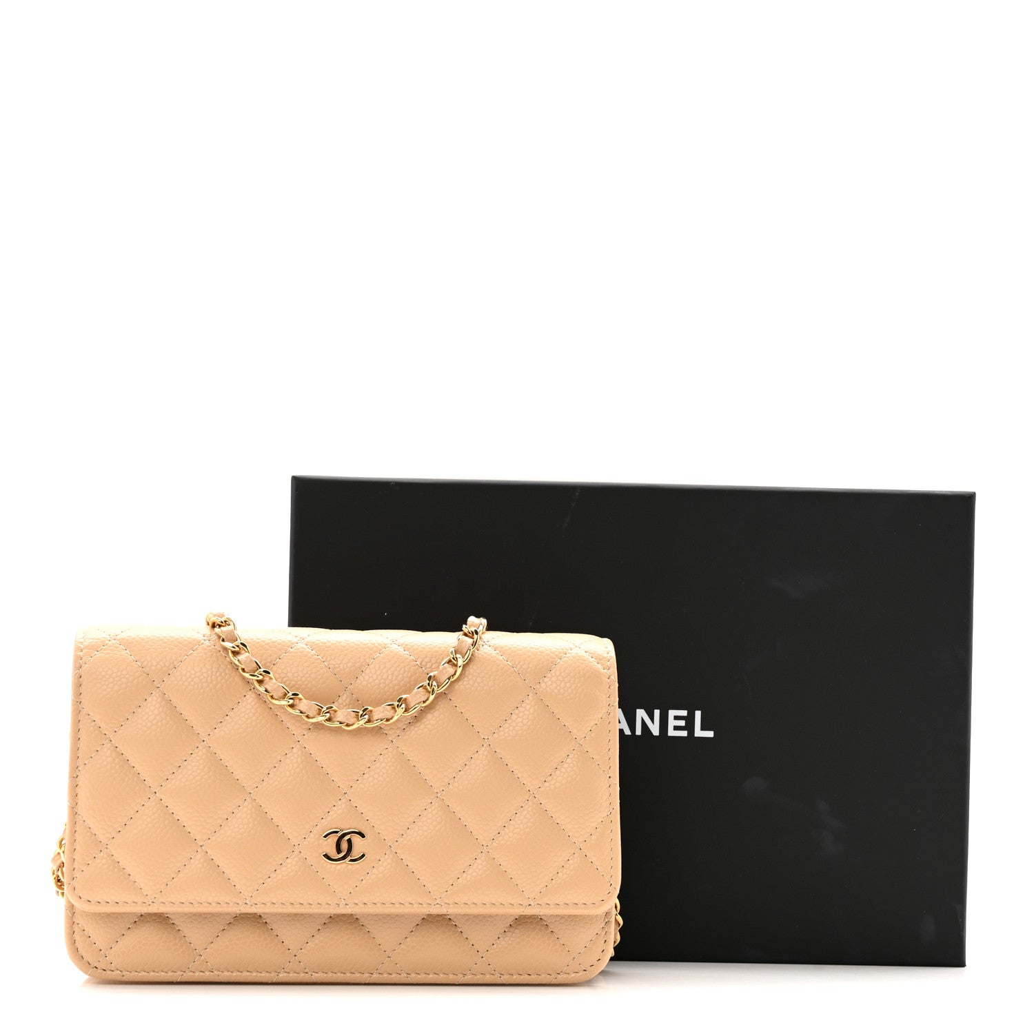 Caviar Quilted Wallet on Chain WOC Beige