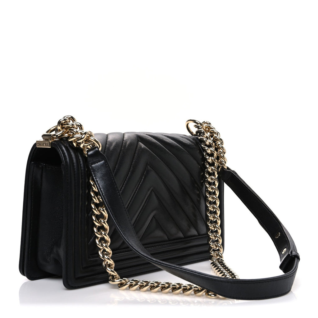 Calfskin Chevron Quilted Medium Boy Flap Black