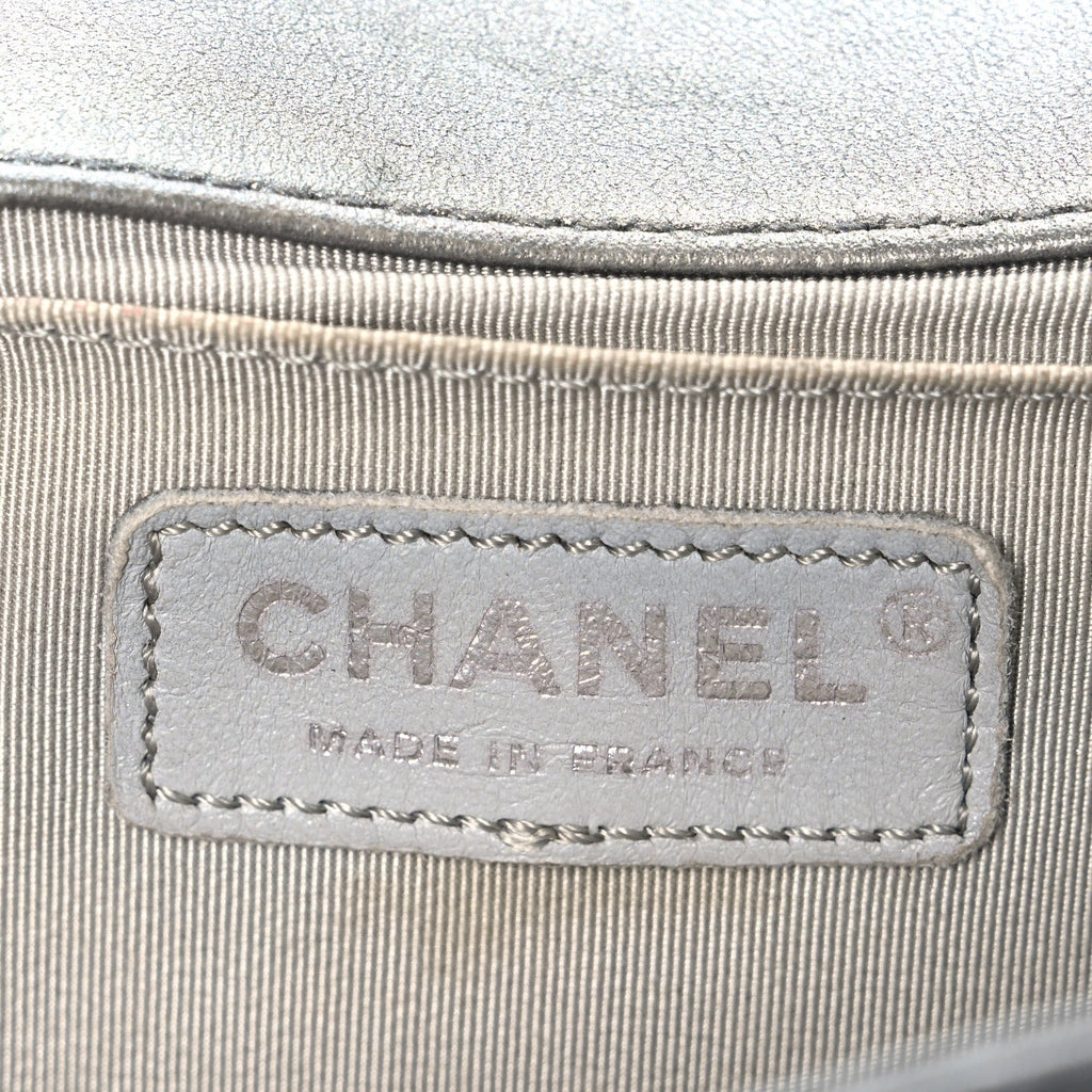 Metallic Lambskin Glass Pearl Embroidered Medium Boy Flap  Silver