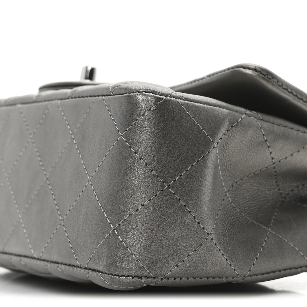 Metallic Lambskin Quilted Mini Rectangular Flap  Dark Grey
