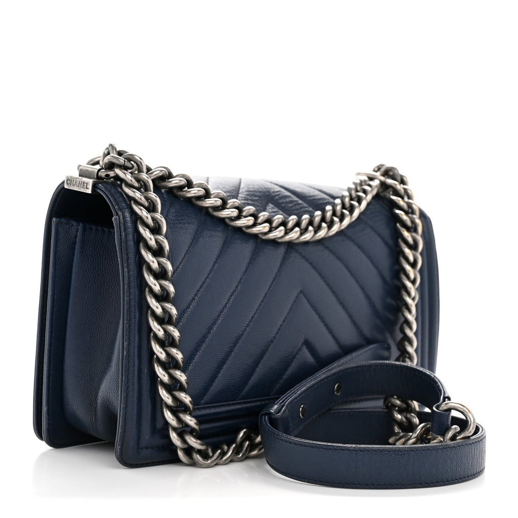 Caviar Chevron Quilted Medium Boy Flap Navy