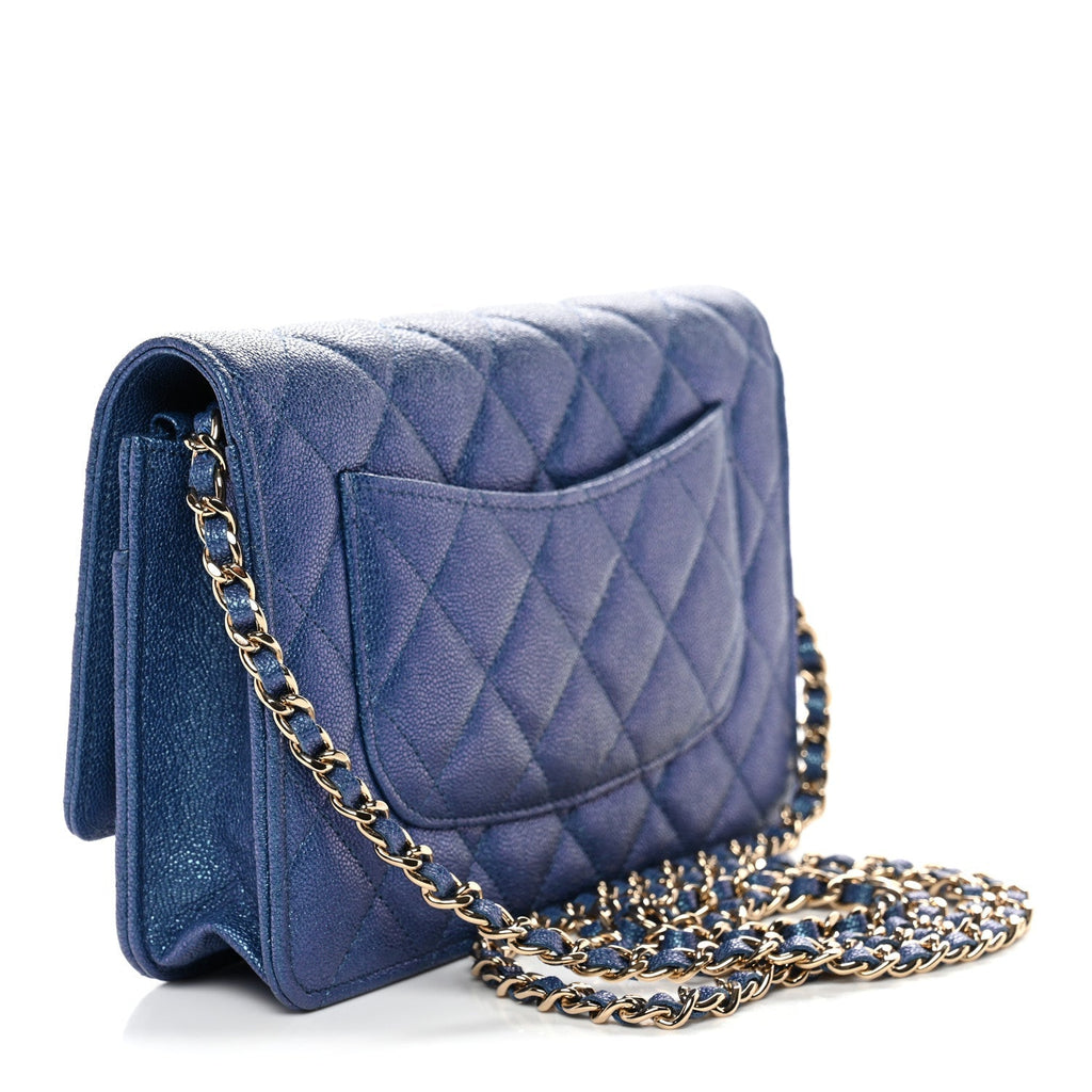 Iridescent Caviar Quilted Wallet on Chain WOC Dark Blue