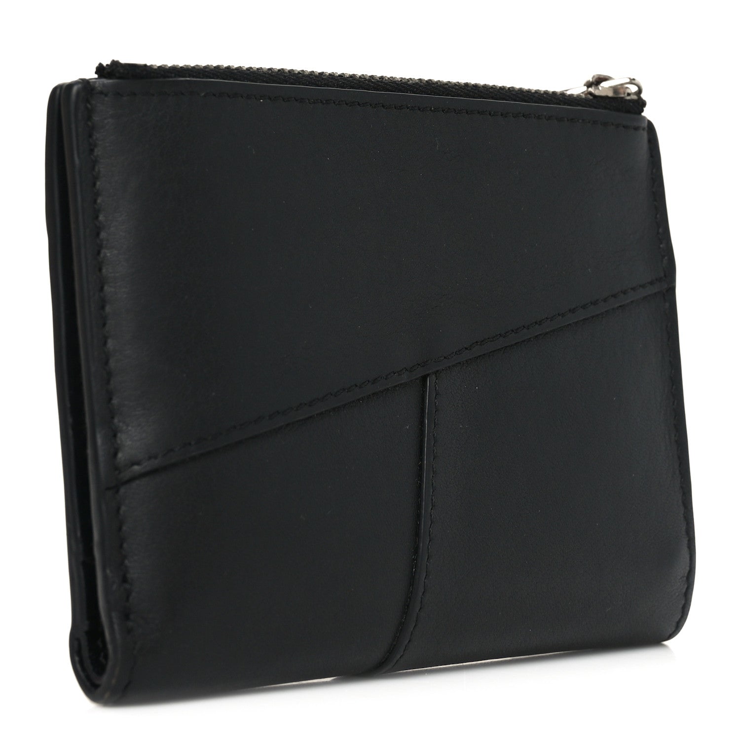 Calfskin Puzzle Zip Slim Compact Bi-Fold Wallet Black