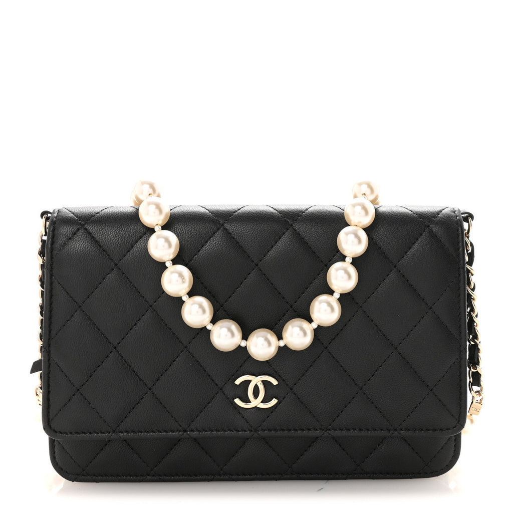 Lambskin Quilted Pearl Wallet On Chain WOC Black