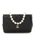 Lambskin Quilted Pearl Wallet On Chain WOC Black
