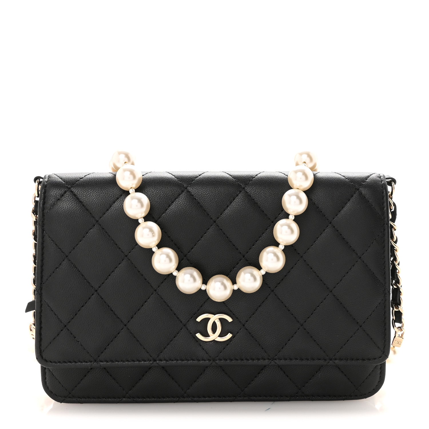 Lambskin Quilted Pearl Wallet On Chain WOC Black