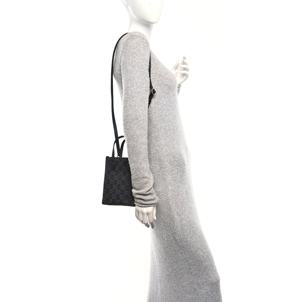 Denim GG Monogram Calfskin Mini Ophidia Tote Bag Black
