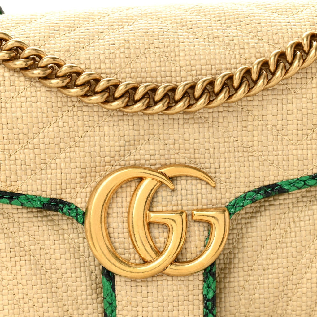 Raffia Elaphe Matelasse Small GG Marmont Shoulder Bag Natural New Shamarock