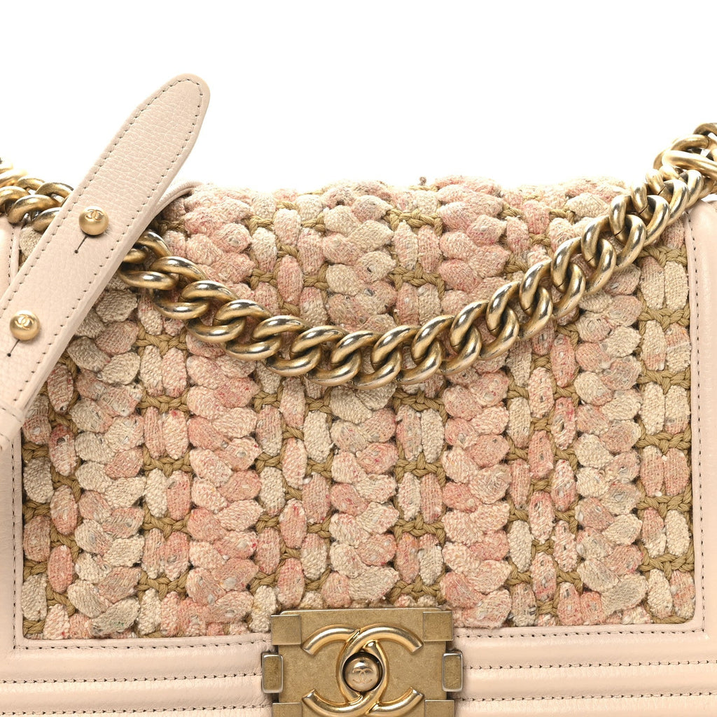 Braided Tweed Lambskin Medium Boy Flap Pink