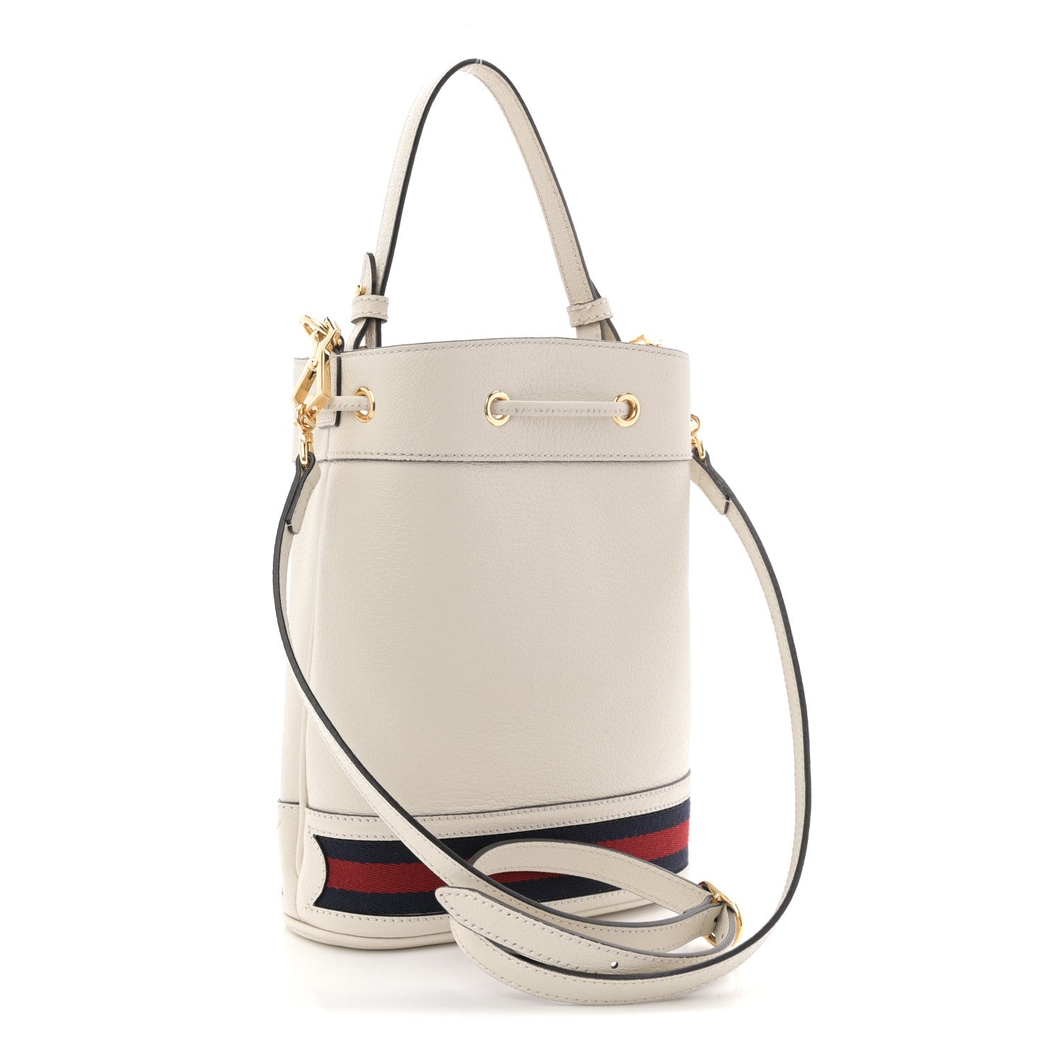 Glazed Textured Calfskin Web Small Ophidia Bucket Bag Mystic White