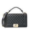 Calfskin Quilted Medium Boy Top Handle Flap Black