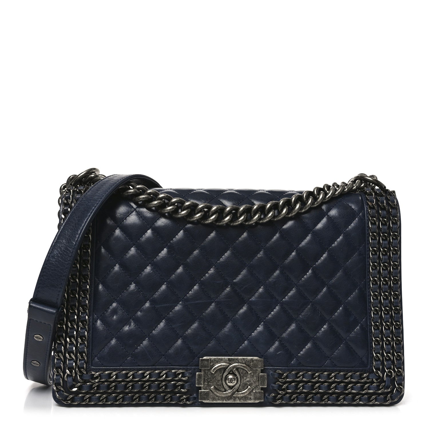 Glazed Calfskin Quilted New Medium Boy Chained Flap Navy