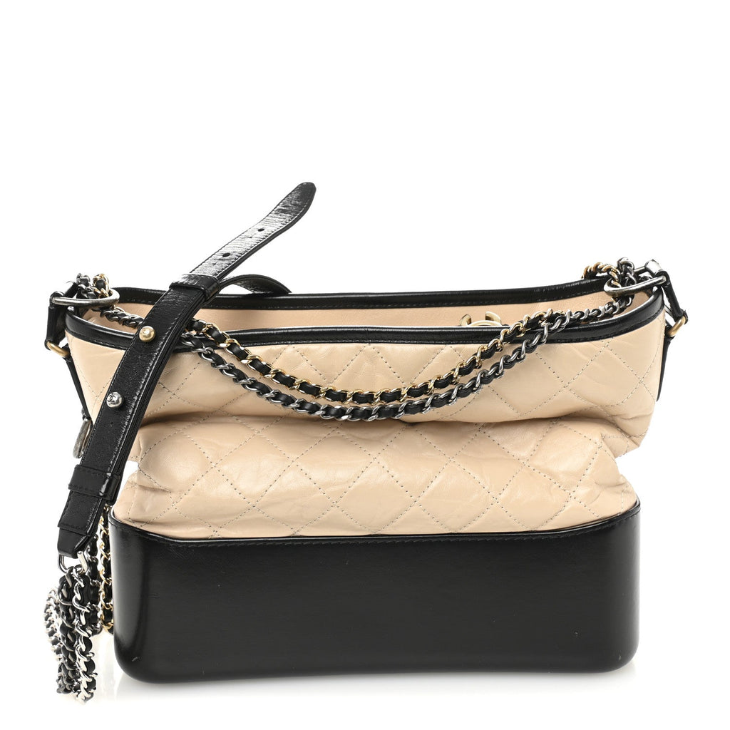 Aged Calfskin Quilted Medium Gabrielle Hobo Beige Black