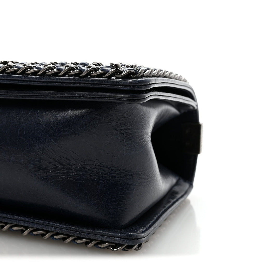 Glazed Calfskin Quilted Medium Boy Chained Flap Blue