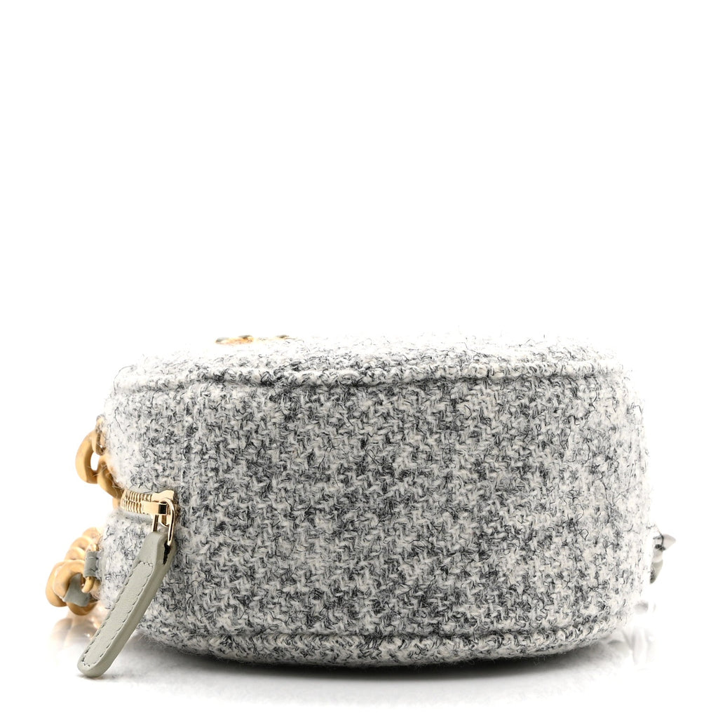 Wool Tweed Lambskin Quilted Chanel 19 Round Clutch With Chain Grey Ecru