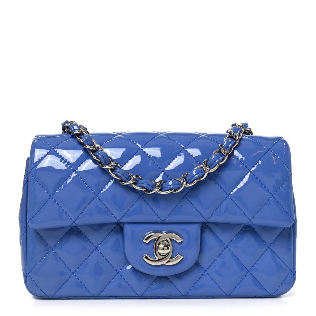 Patent Calfskin Quilted Mini Rectangular Flap Blue