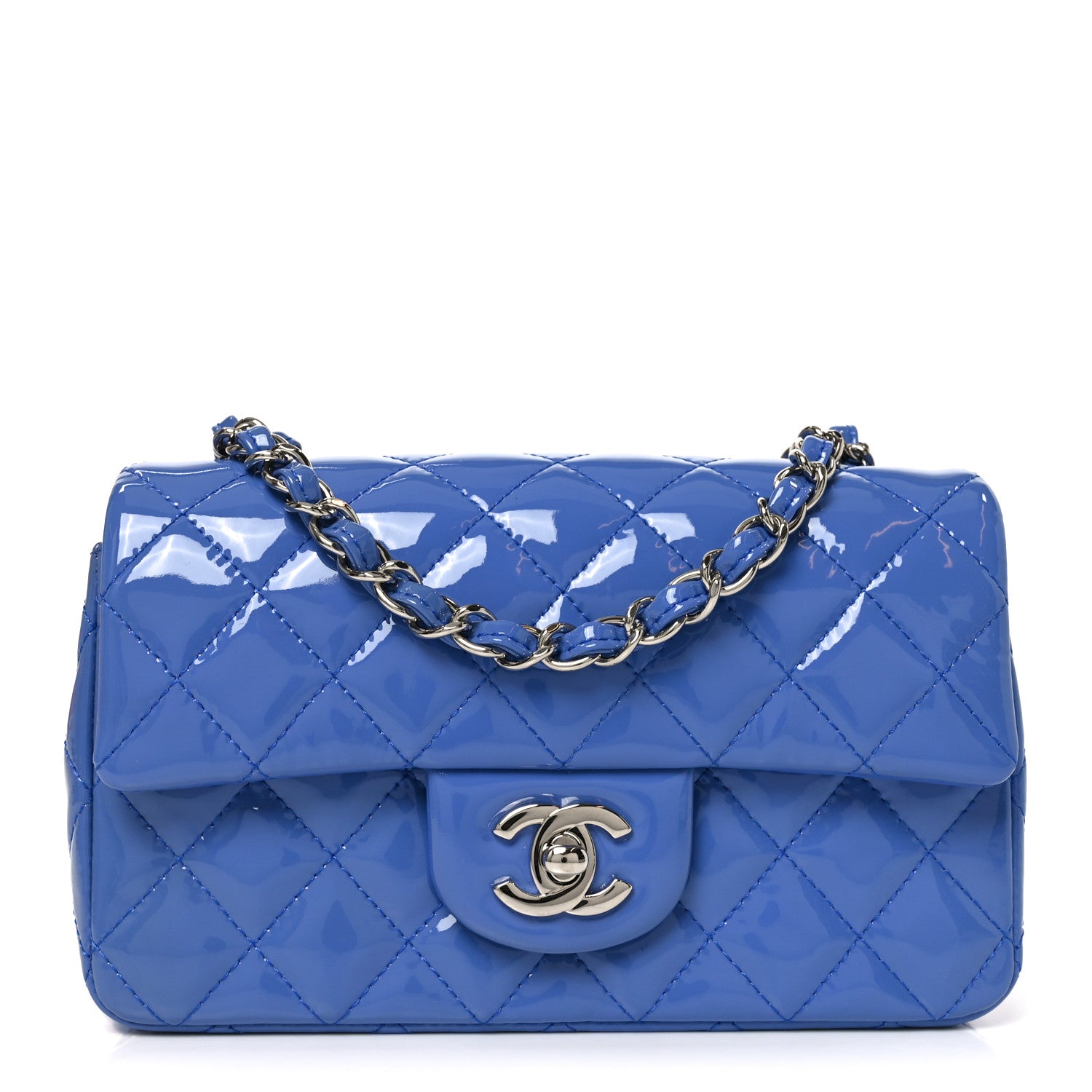 Patent Calfskin Quilted Mini Rectangular Flap Blue
