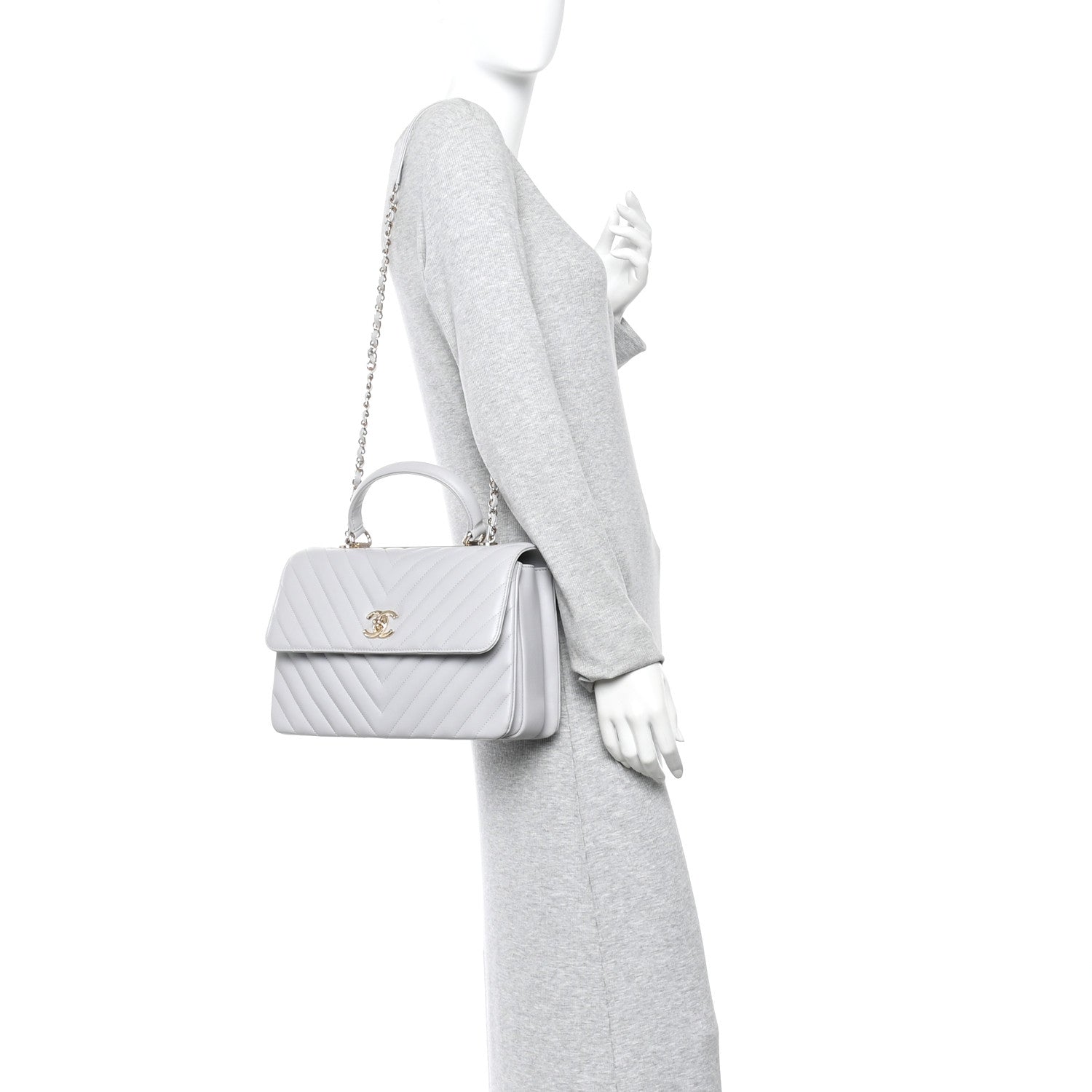 Lambskin Chevron Quilted Medium Trendy CC Dual Handle Flap Bag Grey