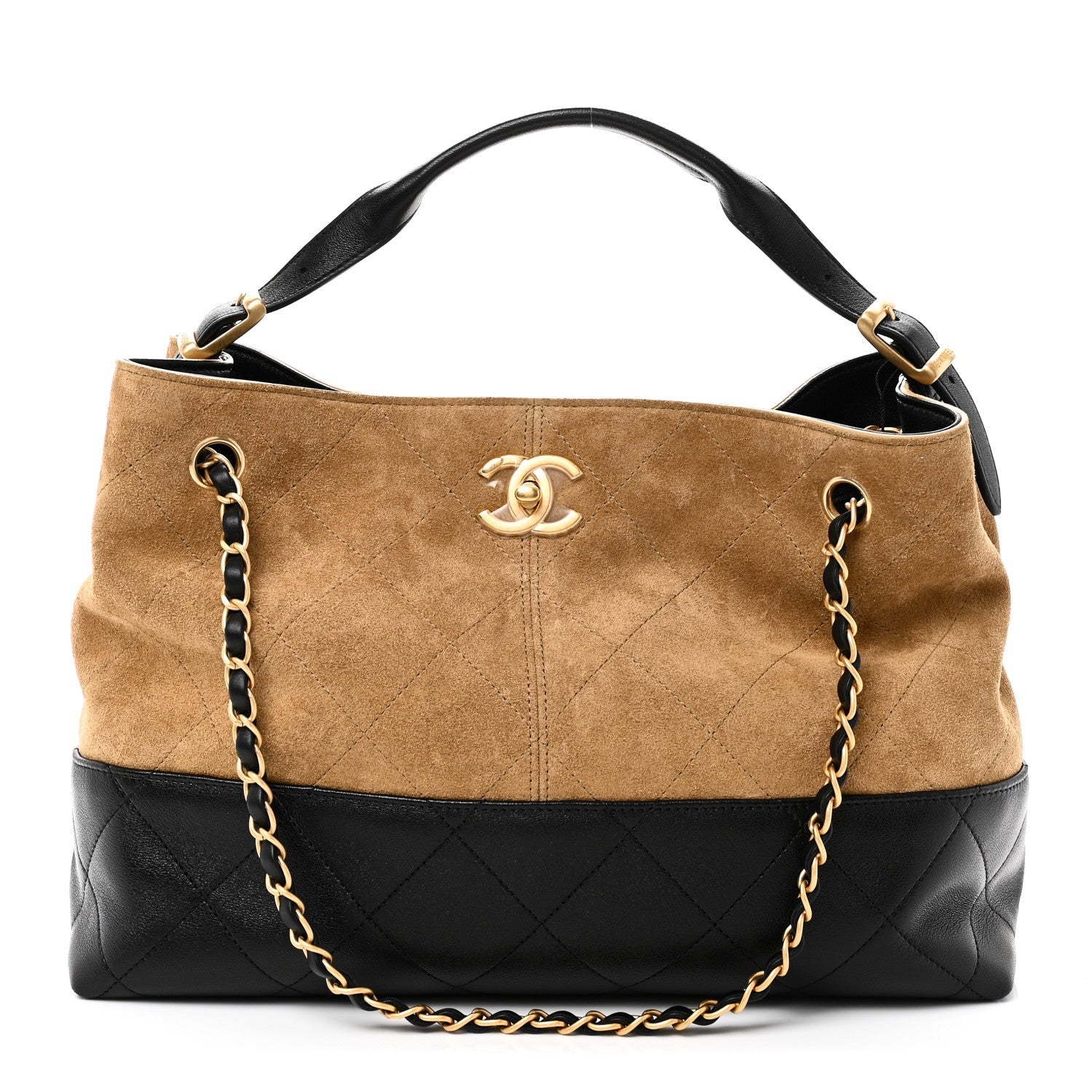 Suede Calfskin Shiny Lambskin Quilted Small Coco Base Shopping Bag Beige Black