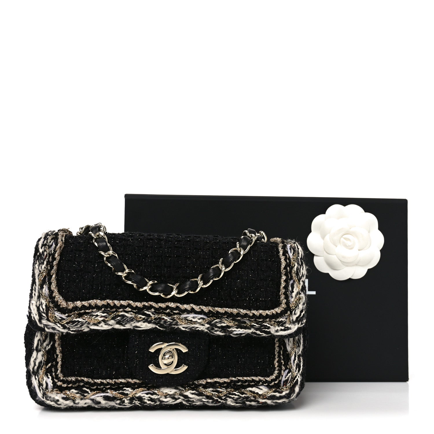 Tweed Braided Mini Rectangular Flap Black