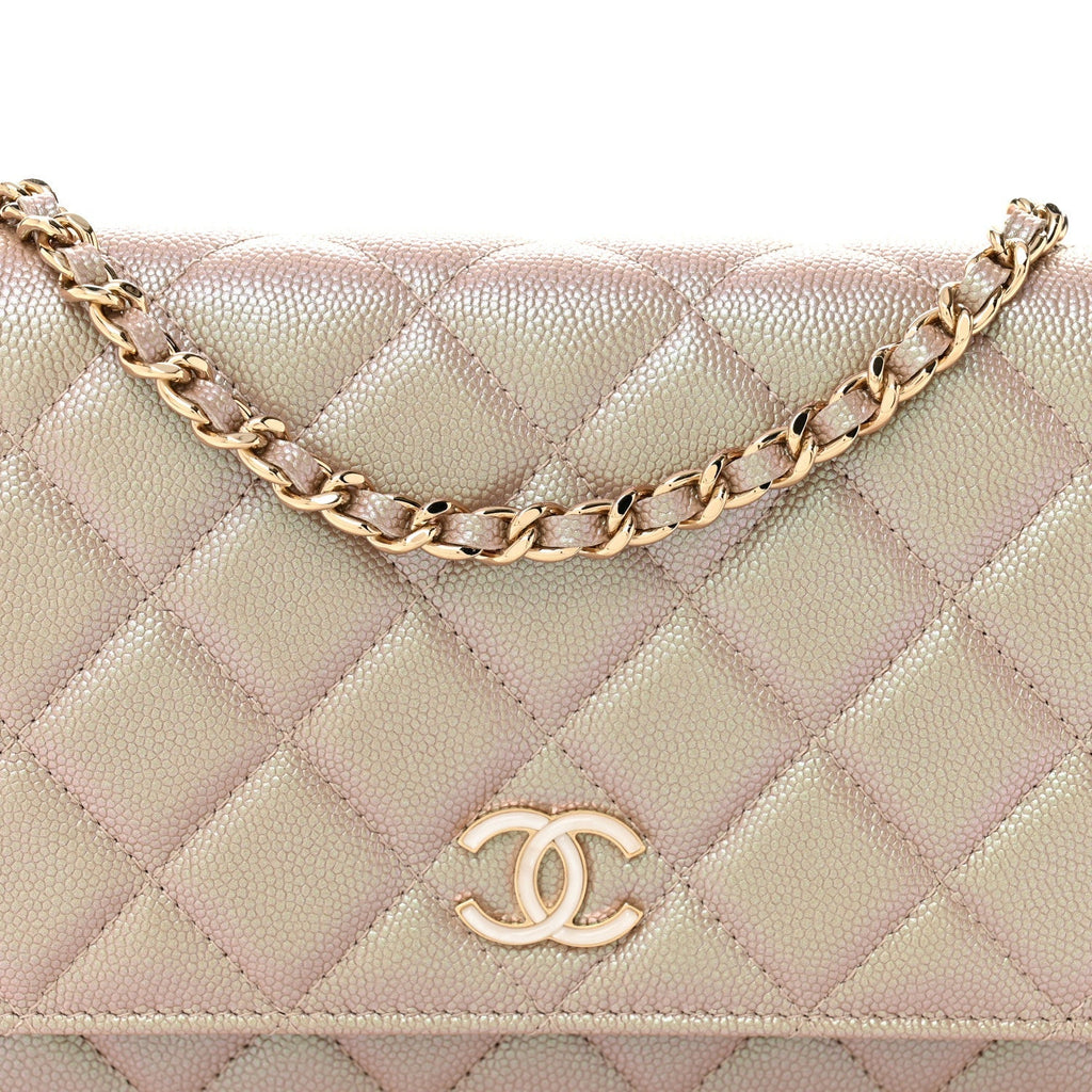 Iridescent Caviar Quilted Wallet on Chain WOC Beige