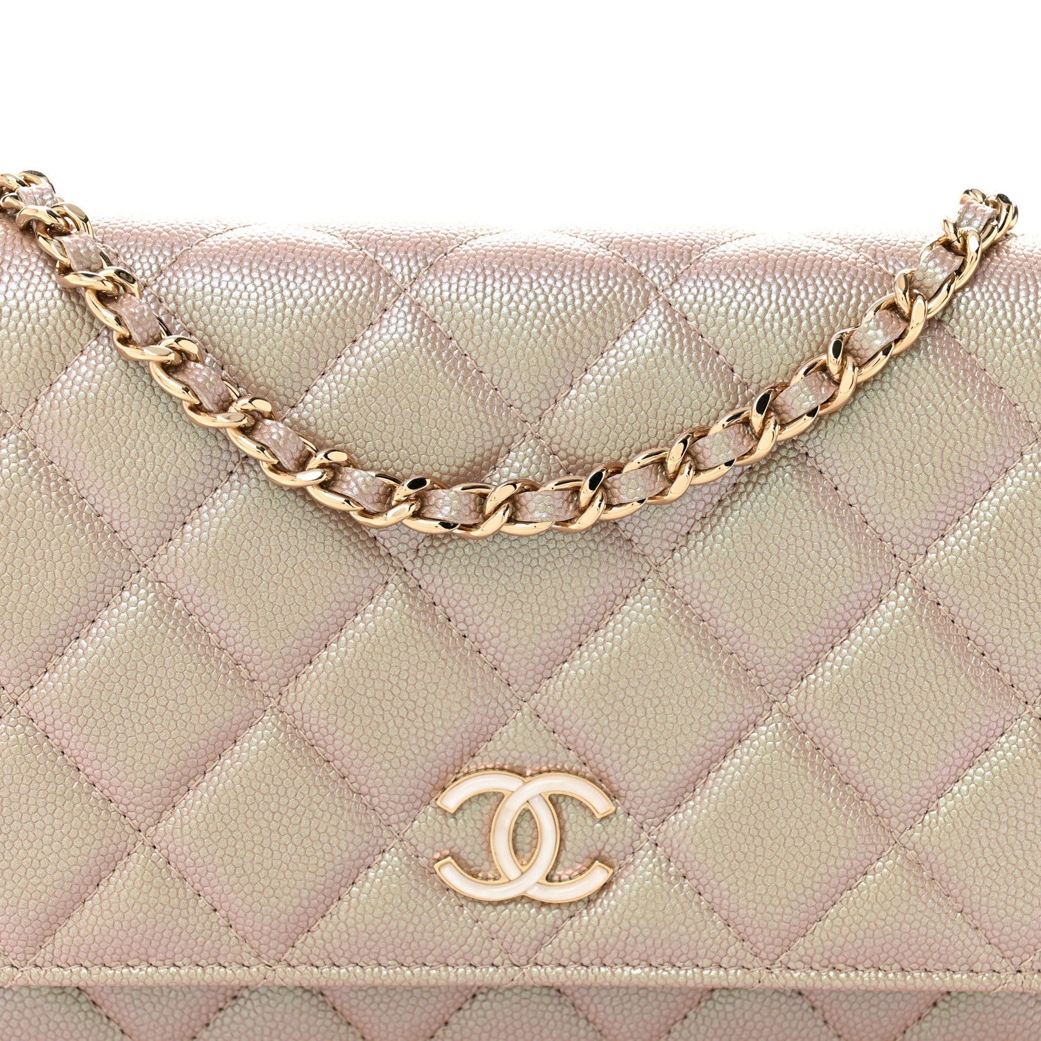Iridescent Caviar Quilted Wallet on Chain WOC Beige
