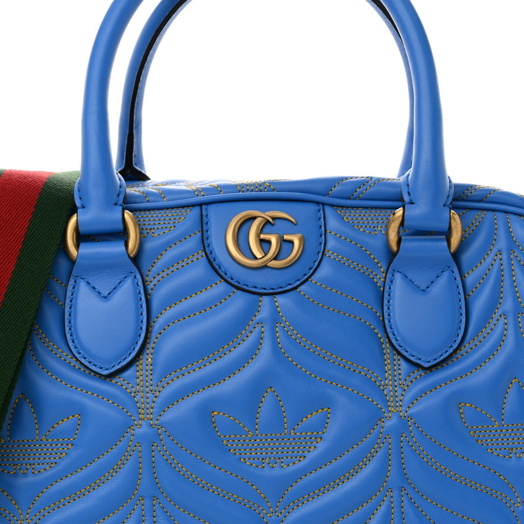 X ADIDAS Calfskin Trefoil Web GG Marmont Medium Duffle Bag Blue
