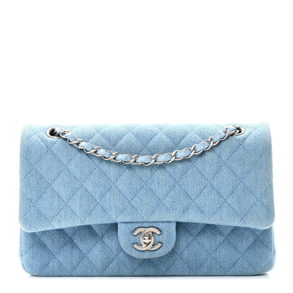 Denim Quilted Medium Double Flap Light Blue