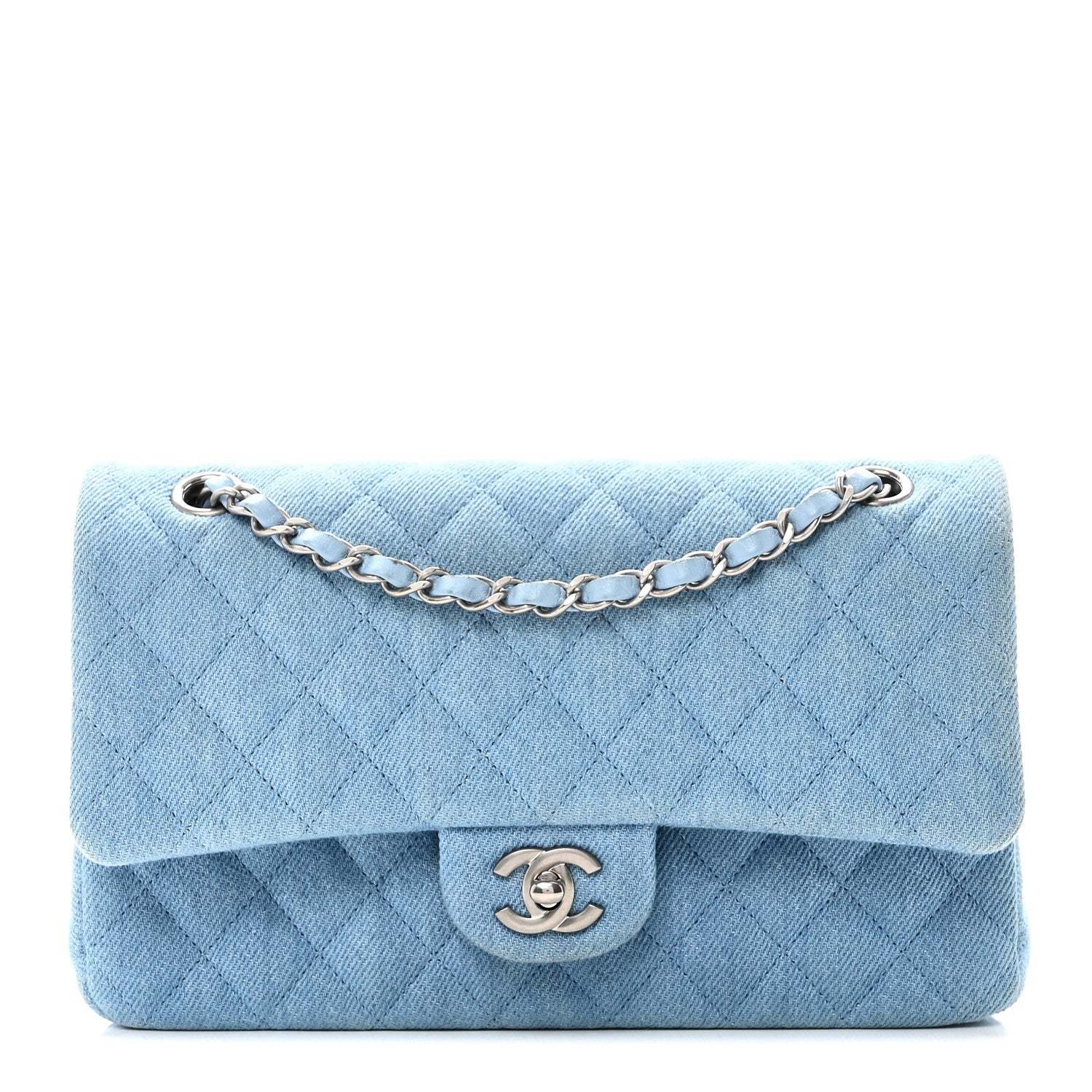 Denim Quilted Medium Double Flap Light Blue
