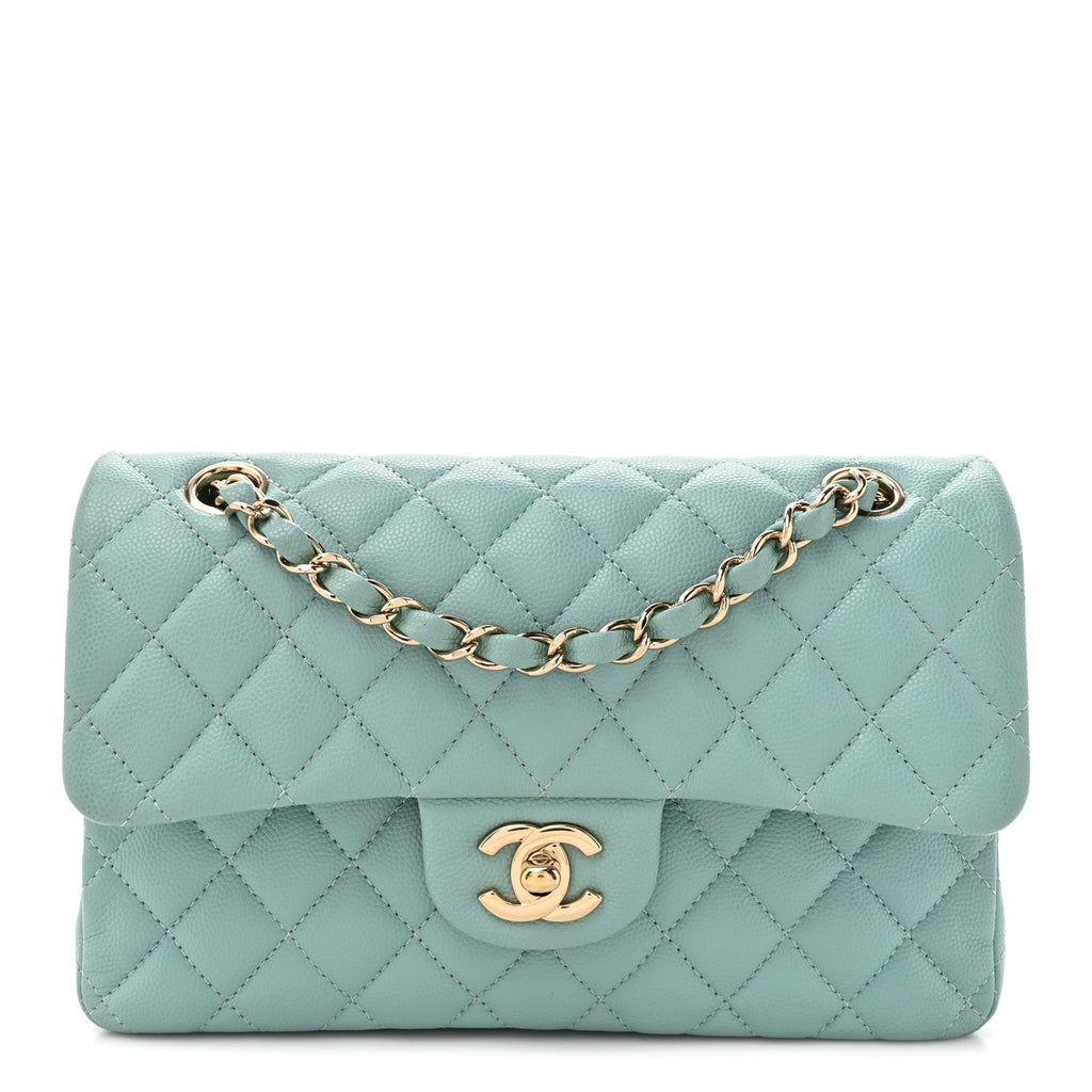 Caviar Quilted Small Double Flap Light Blue