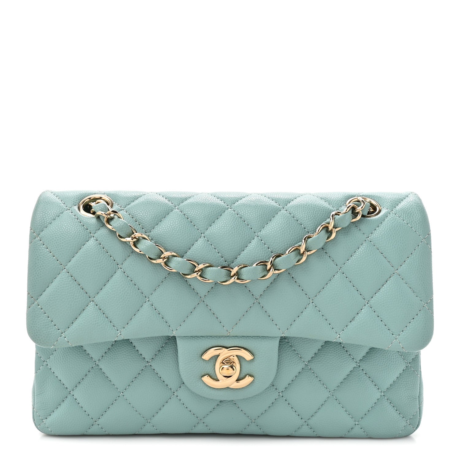 Caviar Quilted Small Double Flap Light Blue
