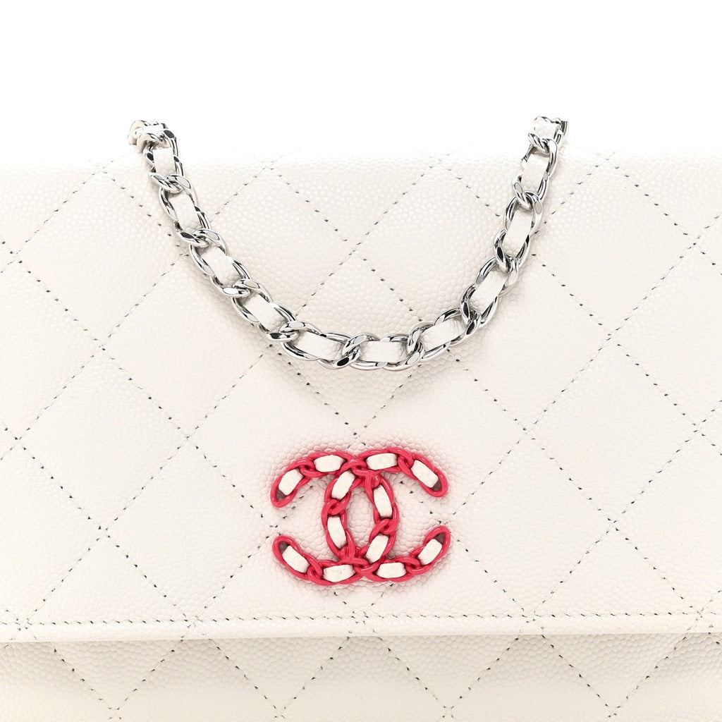 Caviar Quilted Chanel 19 Wallet On Chain WOC White Pink