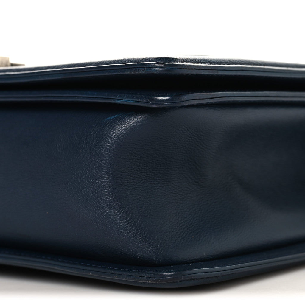 Calfskin Quilted Double Stitch New Medium Boy Flap Navy Blue