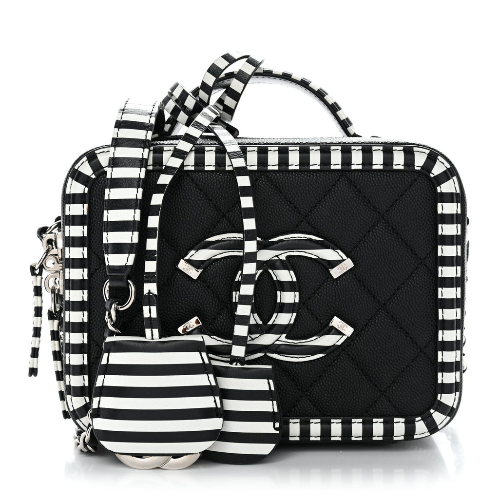 Caviar Quilted Striped Small CC Filigree Vanity Case Black White