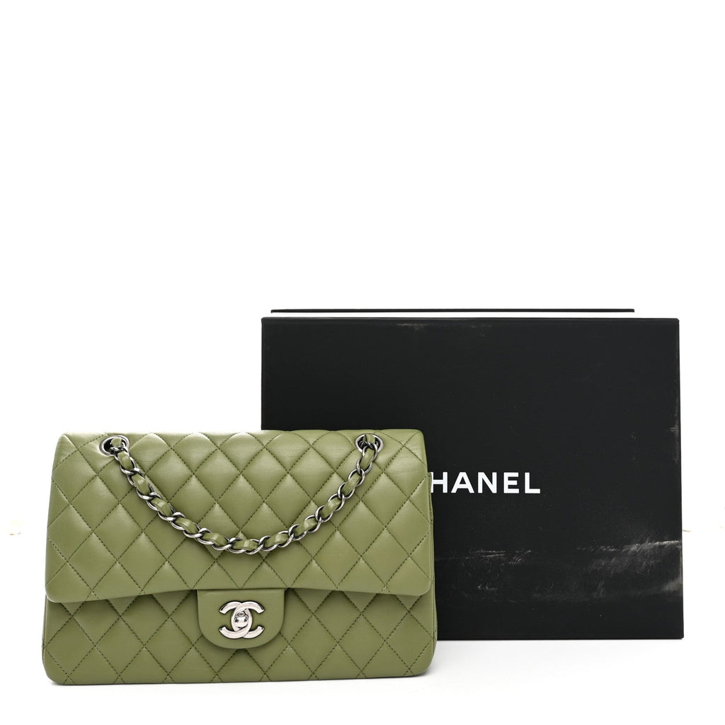 Lambskin Quilted Medium Double Flap Green
