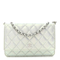 Iridescent Calfskin Quilted Wallet On Chain WOC Light Blue