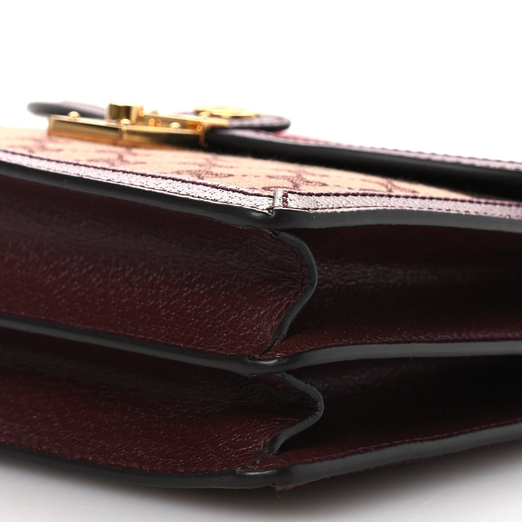 GG Supreme Monogram Textured Dollar Calfskin Web Small Ophidia Padlock Top Handle Bag Bordeaux