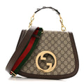 GG Supreme Monogram Textured Dollar Calfskin Web Medium Blondie Top Handle Shoulder Flap Bag Beige Ebony New Acero