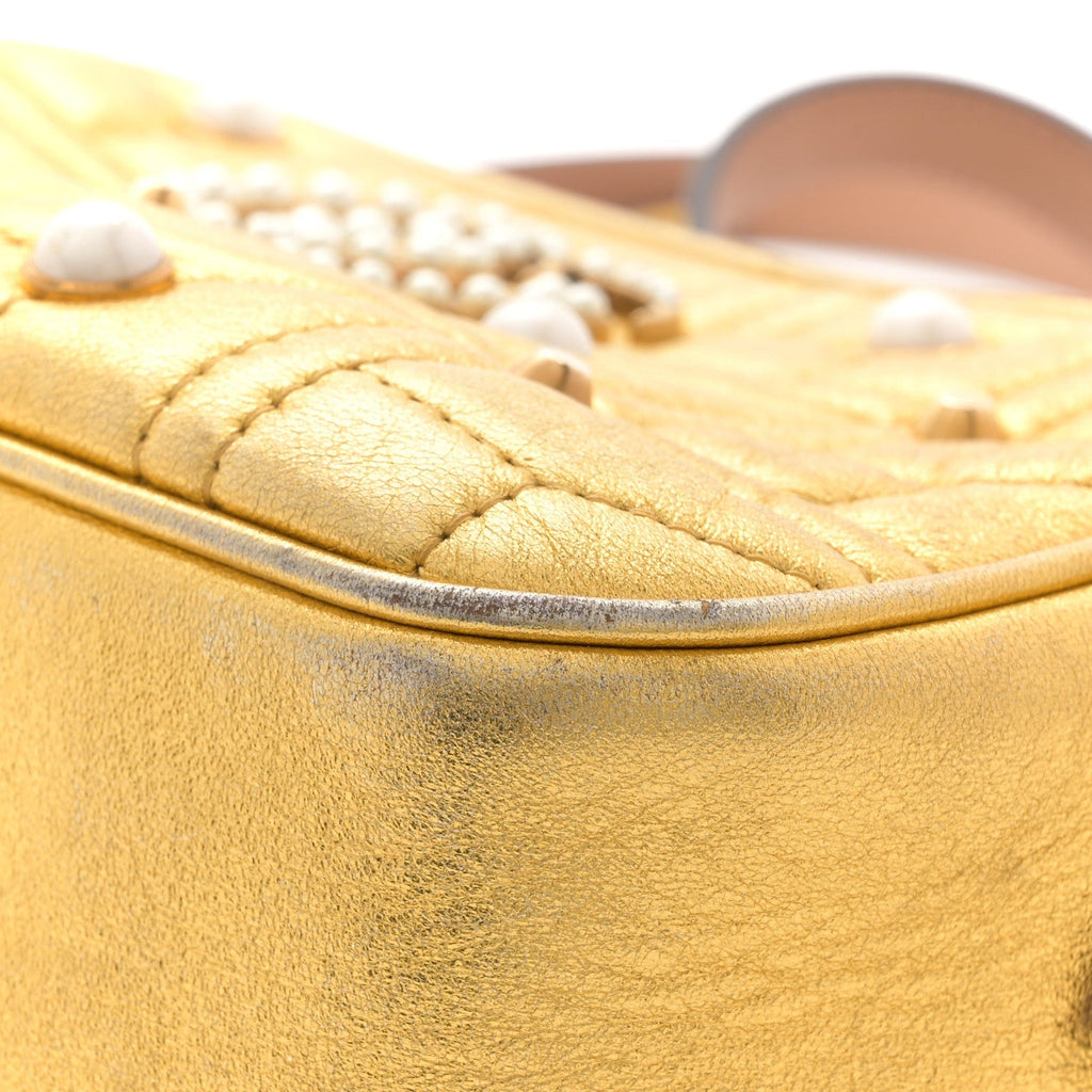Metallic Calfskin Matelasse Studded Small Pearly GG Marmont Chain Shoulder Bag Gold