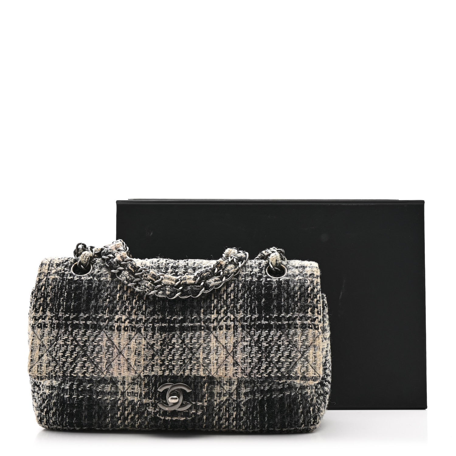 Tweed Quilted Medium Double Flap Beige White Black