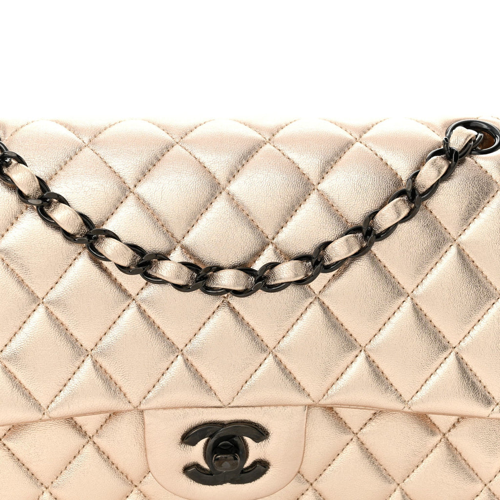 Metallic Lambskin Quilted Medium Double Flap Gold Black