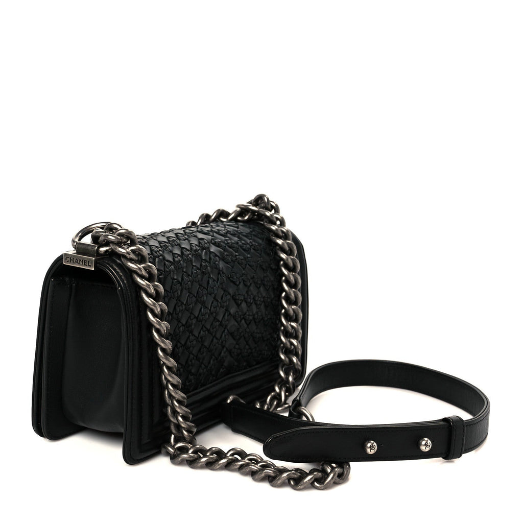 Lambskin Braided Woven Small Boy Flap Black