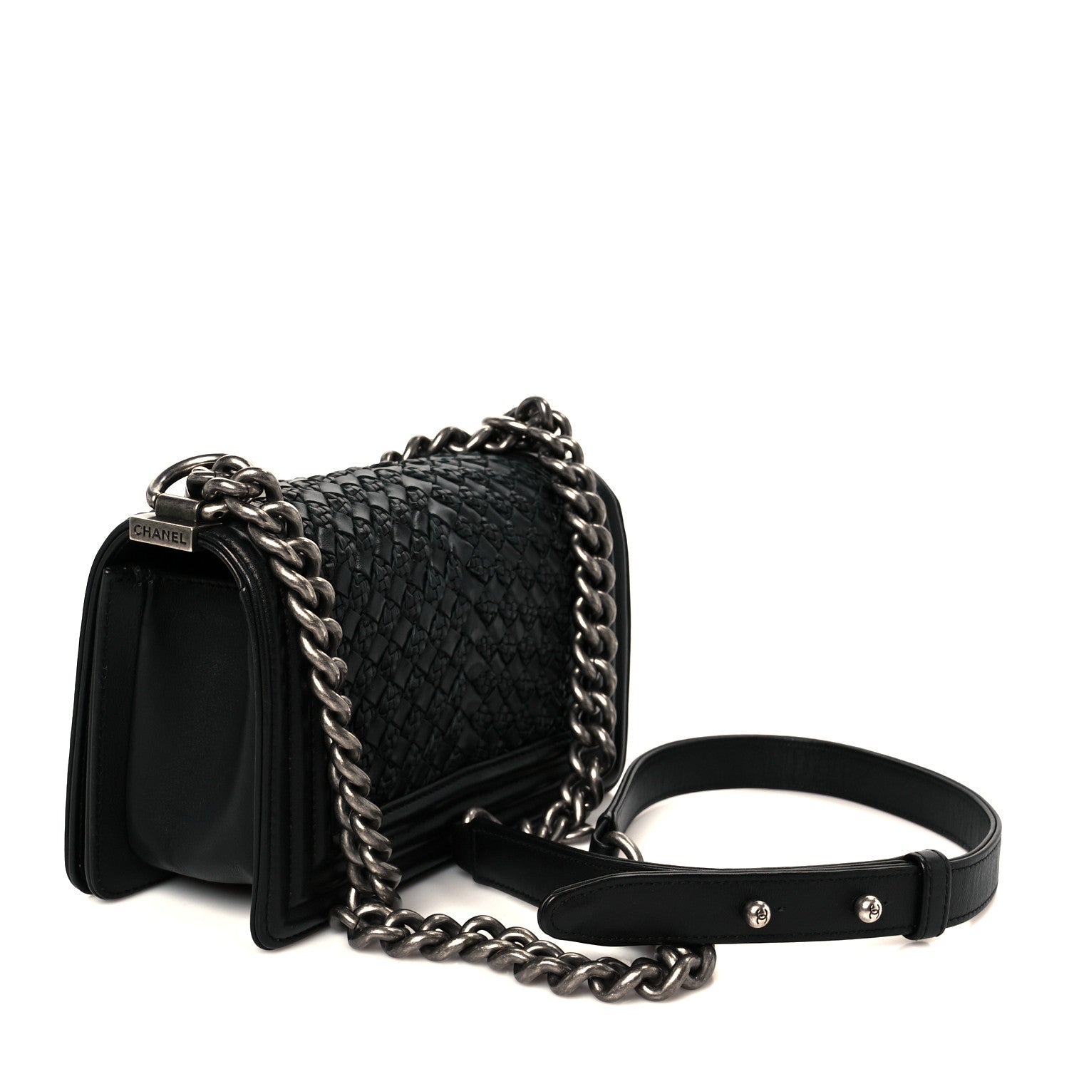 Lambskin Braided Woven Small Boy Flap Black