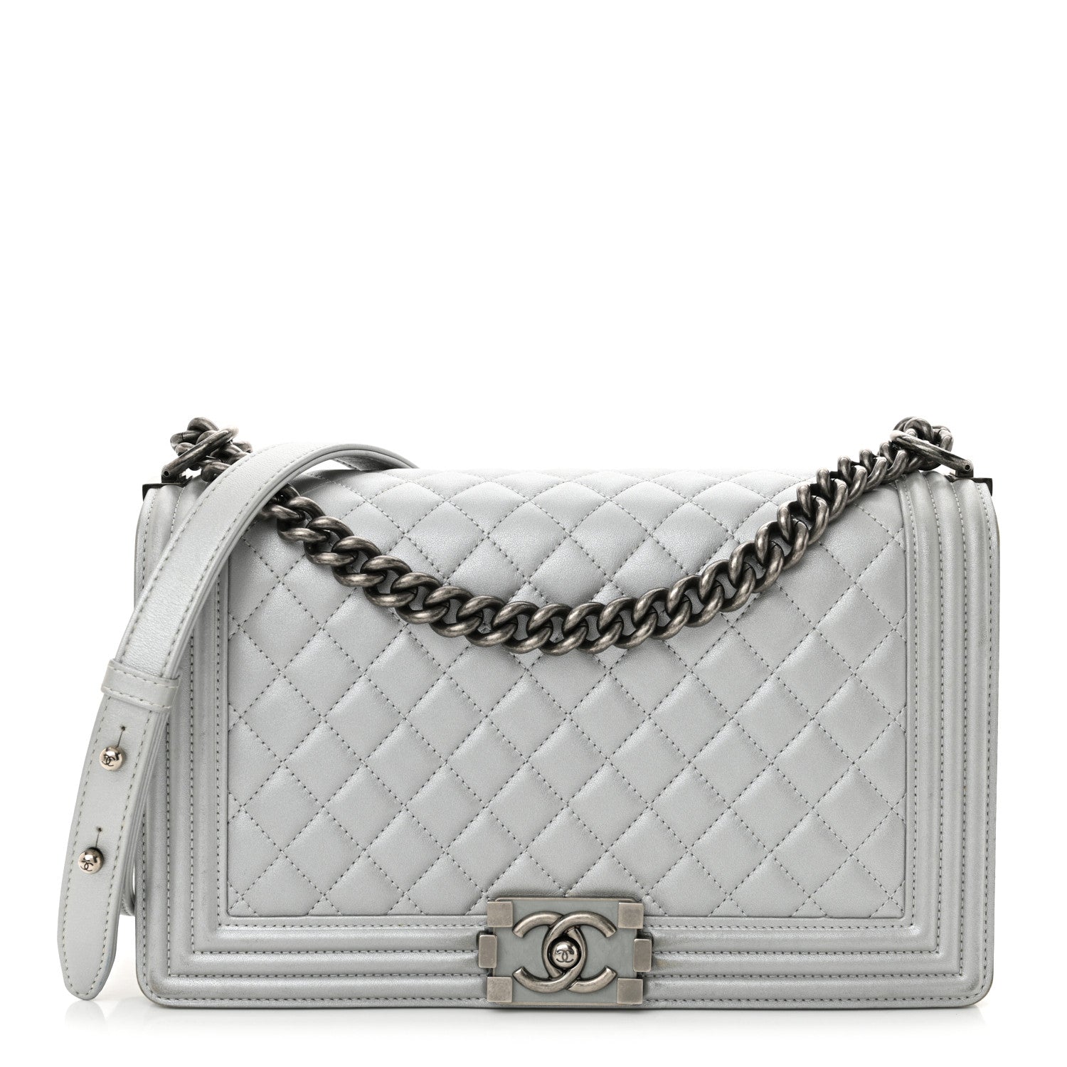 Metallic Calfskin Quilted New Medium Plexiglass Boy Flap Silver