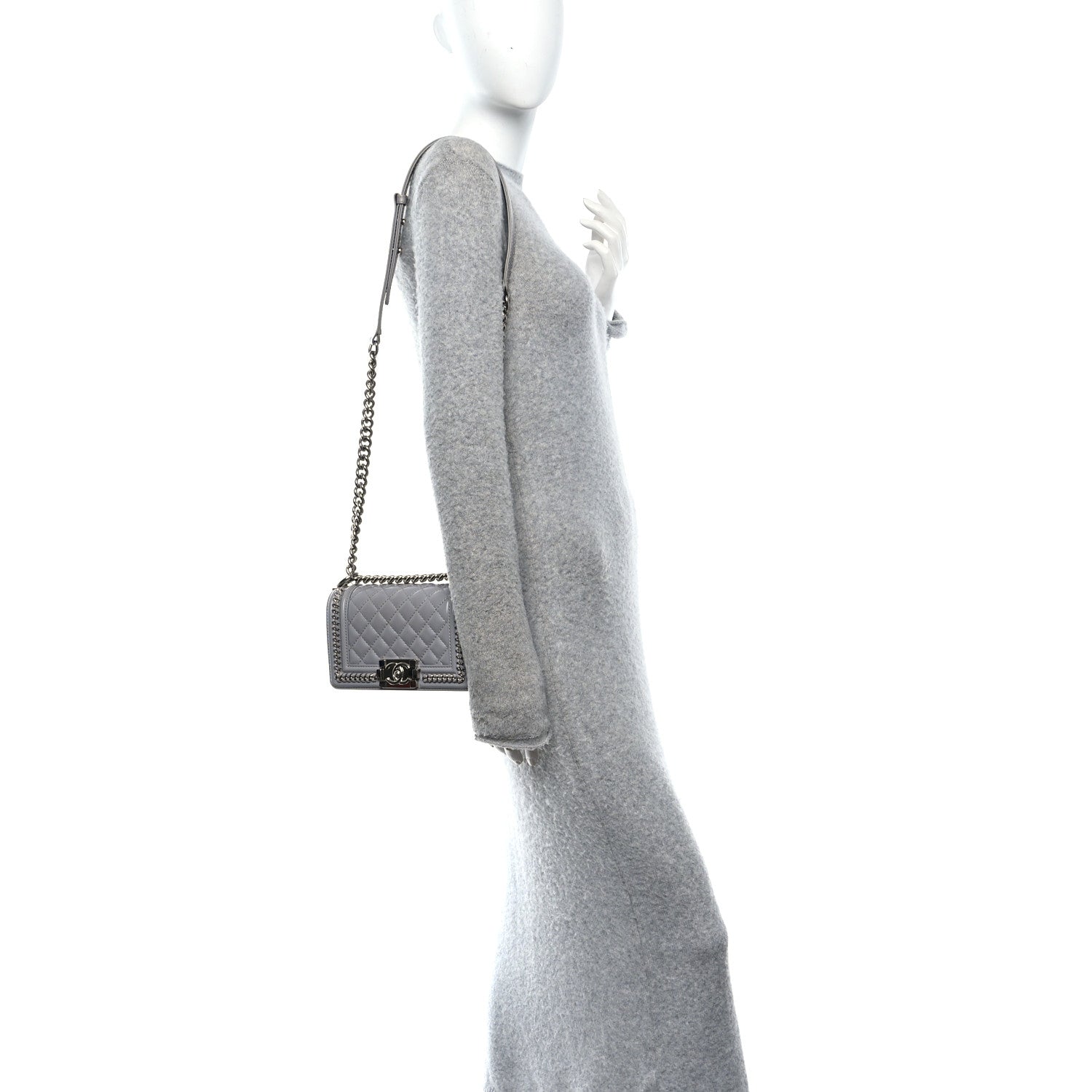 Iridescent Lambskin Quilted Small Chain Around Boy Flap Grey